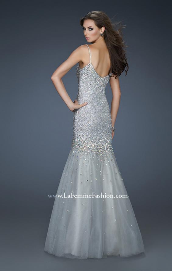 Picture of: Sequined Trumpet Gown with Tulle and Rhinestone Detail in Silver, Style: 18156, Back Picture