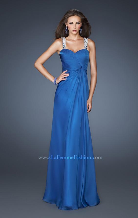 Picture of: Chic Chiffon Gown with Ruched Bodice and Open V Back in Blue, Style: 18280, Detail Picture 1