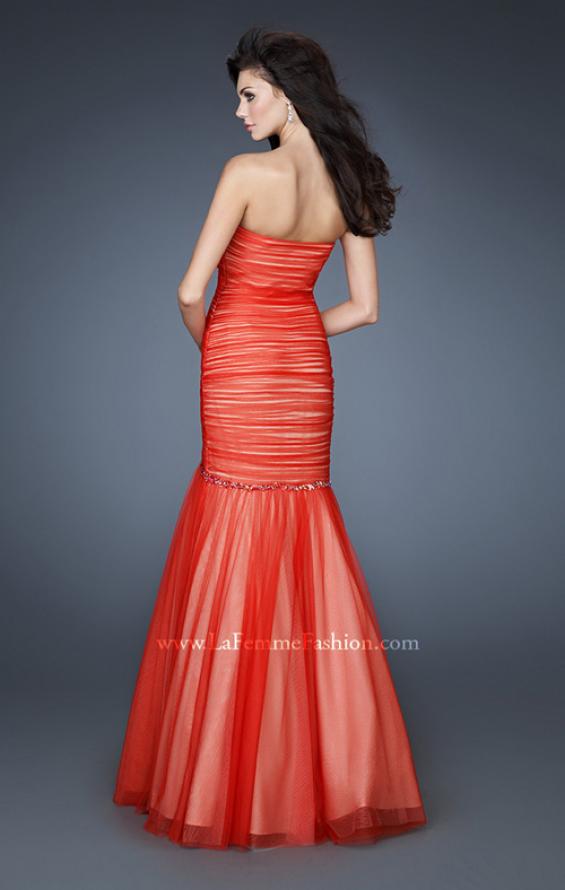 Picture of: Strapless Net Dress with Criss Cross Ruching and Stones in Orange, Style: 18282, Back Picture