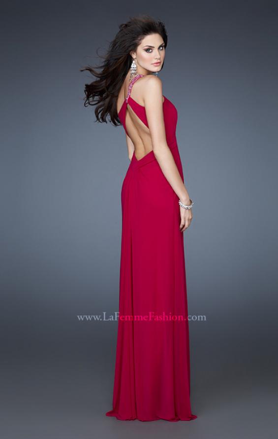 Picture of: One Shoulder Net Gown with Beaded Straps and Cut Outs in Pink, Style: 18288, Back Picture