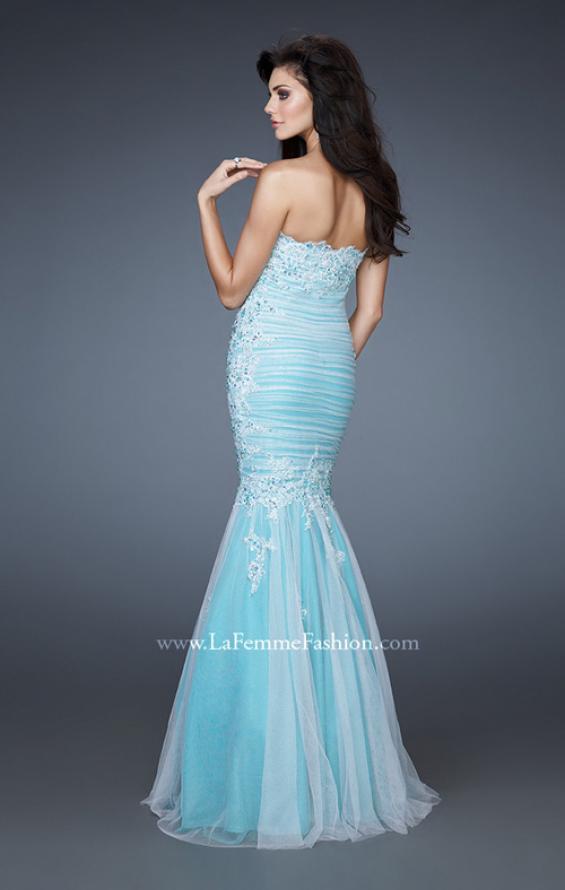 Picture of: Elegant Net Gown with Ruched Bodice and Trumpet Skirt in Blue, Style: 18365, Back Picture