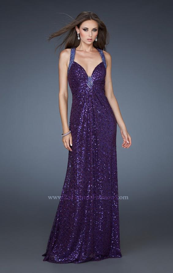 Picture of: Sequined Gown with Beaded Halter Neck and Diamond Back in Purple, Style: 18421, Back Picture