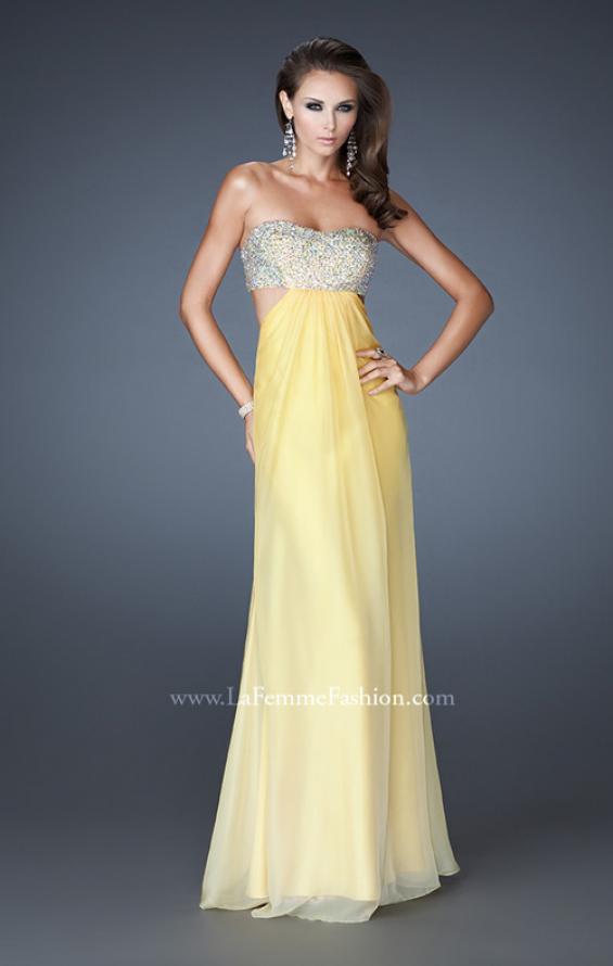 Picture of: Strapless Chiffon Dress with Beaded Bodice and Cut Outs in Yellow, Style: 18429, Detail Picture 1
