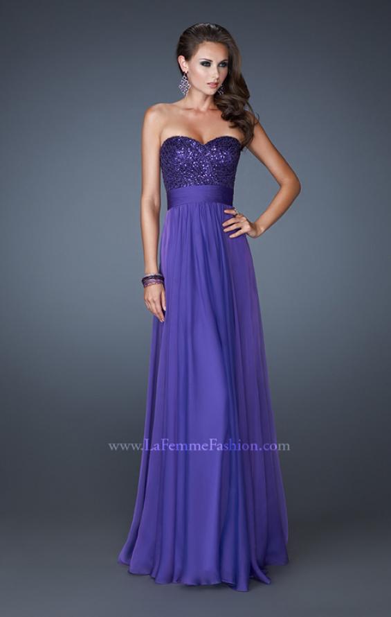 Picture of: Strapless Empire Chiffon Gown with Ruched Sequin Pattern in Purple, Style: 18584, Detail Picture 1