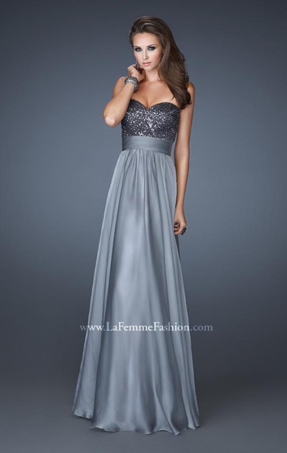Picture of: Strapless Empire Chiffon Gown with Ruched Sequin Pattern in Silver, Style: 18584, Detail Picture 4