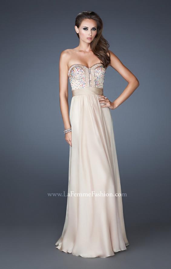 Picture of: Crystal Embellished Prom Dress with Ruching and Belt in Nude, Style: 18588, Main Picture