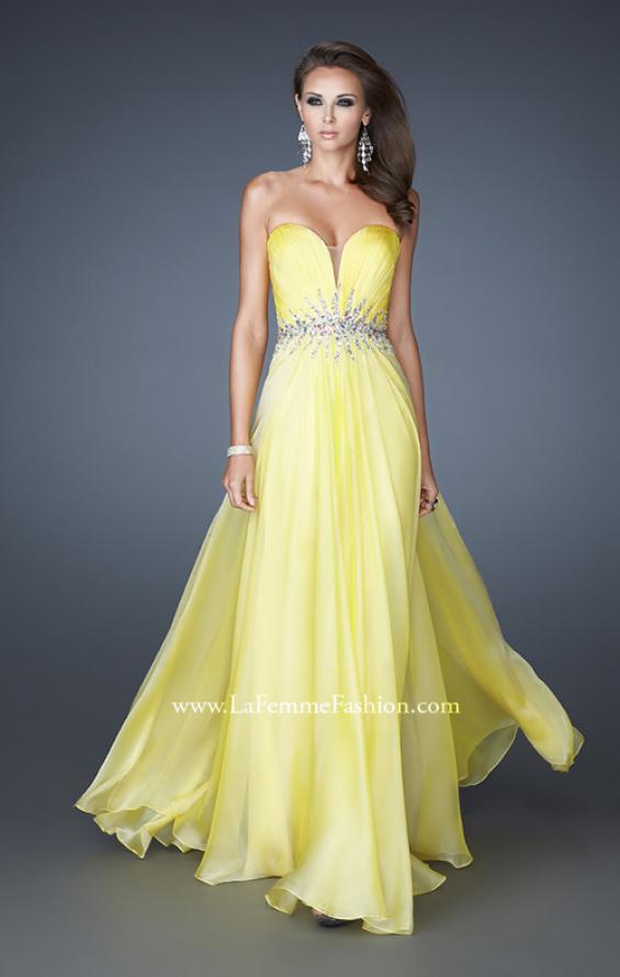 Picture of: Strapless Chiffon Dress with Ruching and Rhinestone Belt in Yellow, Style: 18657, Detail Picture 2