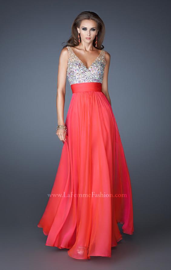 Picture of: A-line Chiffon Dress with Mesh Straps and Low V Back in Orange, Style: 18669, Detail Picture 1