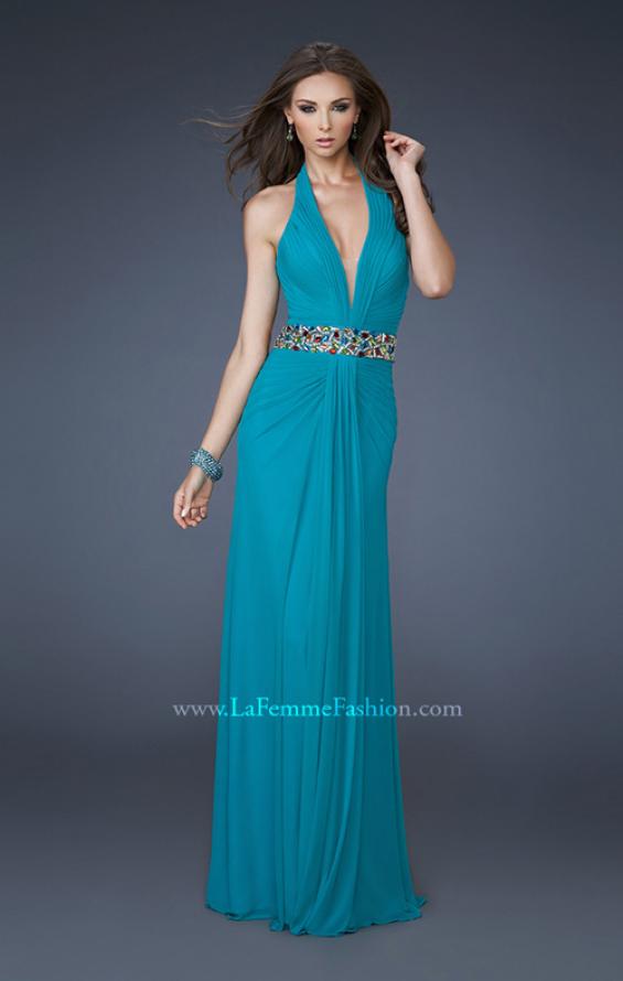 Picture of: V Neck Halter Dress with Ruching and Beaded Belt, Style: 18676, Main Picture
