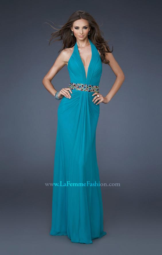Picture of: V Neck Halter Dress with Ruching and Beaded Belt, Style: 18676, Detail Picture 1