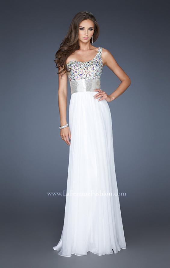 Picture of: Beaded Bodice Long Prom Dress with Belt Detail in White, Style: 18754, Main Picture
