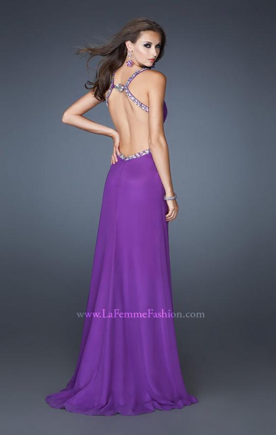 Picture of: Long Chiffon Prom Gown with Beaded Straps and Cut Outs in Purple, Style: 18888, Back Picture