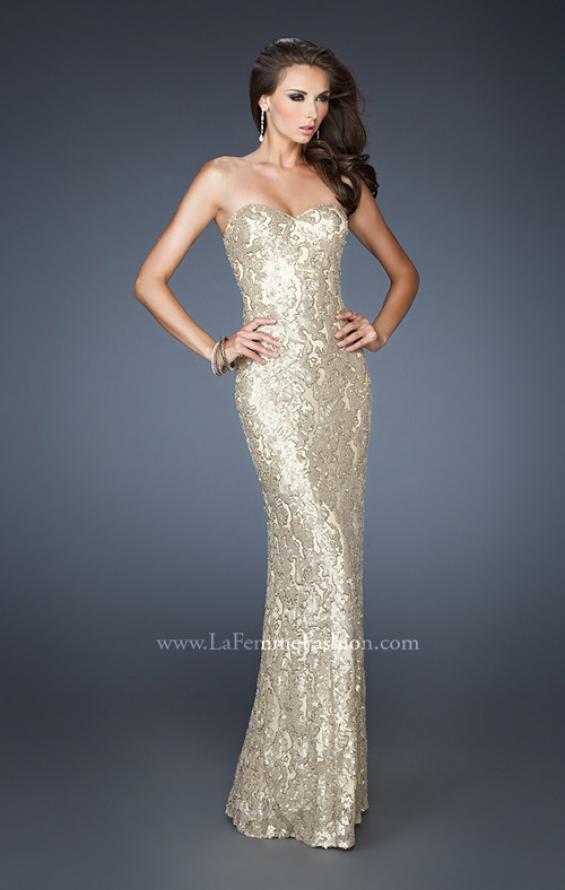 Picture of: Fitted Strapless Long Dress with Pattern Sequin in Gold, Style: 18917, Detail Picture 3