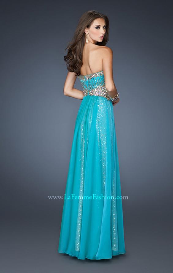 Picture of: Strapless Long Sequin Prom Dress with Chiffon Overlay Skirt in Blue, Style: 19021, Back Picture
