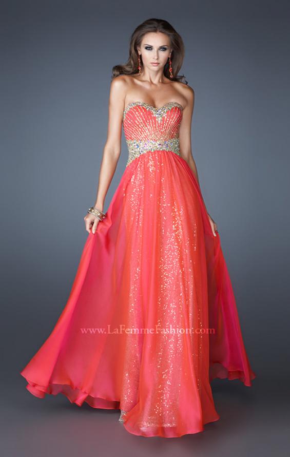 Picture of: Strapless Long Sequin Prom Dress with Chiffon Overlay Skirt in Oragne, Style: 19021, Detail Picture 1