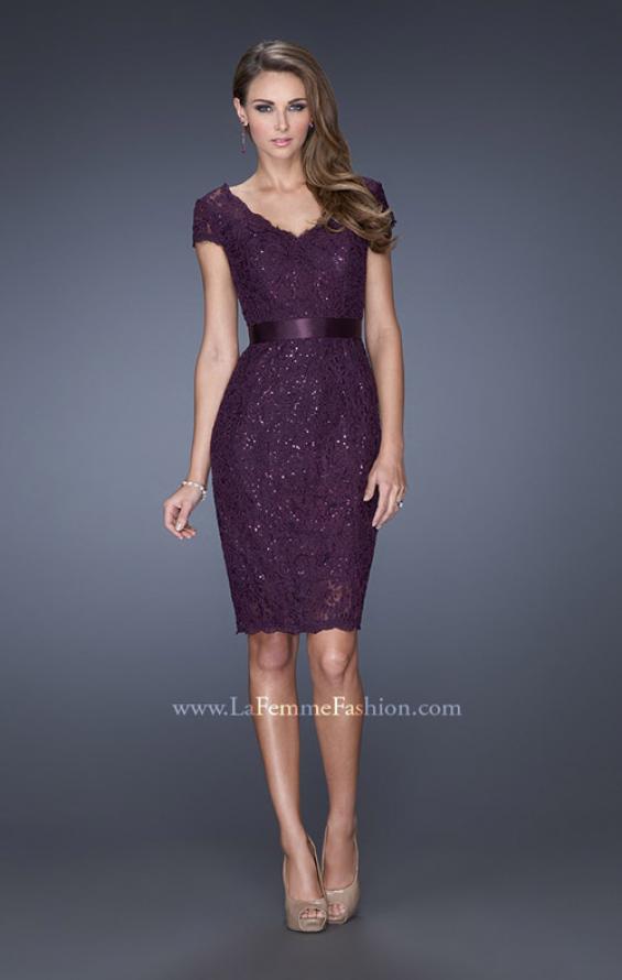 Picture of: Short Lace Dress with Satin Belt and Sequin Underlay in Purple, Style: 19167, Detail Picture 1