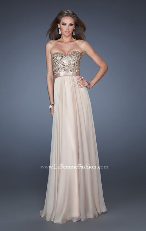 Picture of: Long Strapless Chiffon Prom Dress with Satin Bow Belt in Nude, Style: 19282, Detail Picture 2