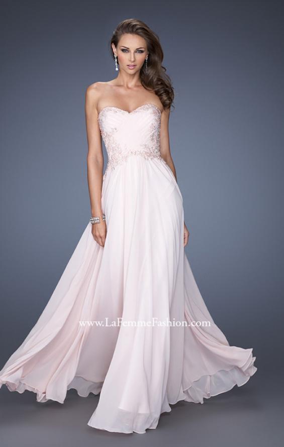 Picture of: Long Strapless Chiffon Prom Gown with Beaded Details in Pink, Style: 19342, Detail Picture 1