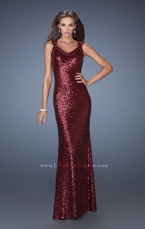 Picture of: Long Fitted Sequin Prom Dress with Criss Cross Straps in Red, Style: 19357, Main Picture