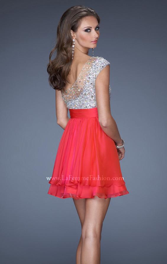 Picture of: One Shoulder Short Prom Dress with Metallic Beaded Bodice in Pink, Style: 19456, Back Picture
