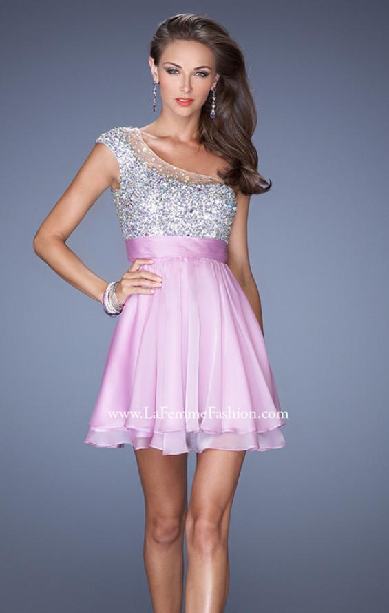 Picture of: One Shoulder Short Prom Dress with Metallic Beaded Bodice in Purple, Style: 19456, Detail Picture 1