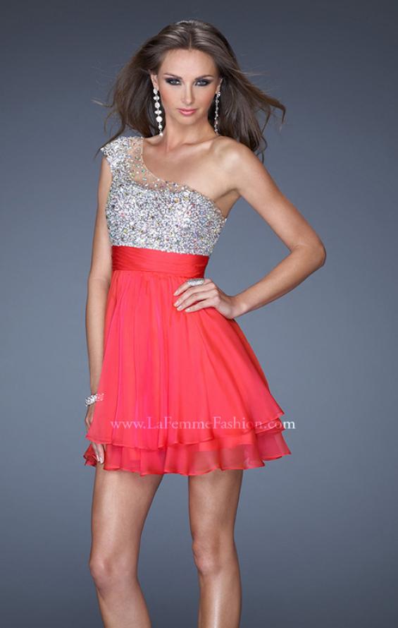 Picture of: One Shoulder Short Prom Dress with Metallic Beaded Bodice in Pink, Style: 19456, Detail Picture 2