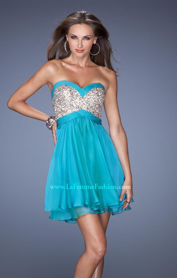 Picture of: Short Strapless Chiffon Prom Dress with Sequin Bodice in Blue, Style: 19458, Detail Picture 1