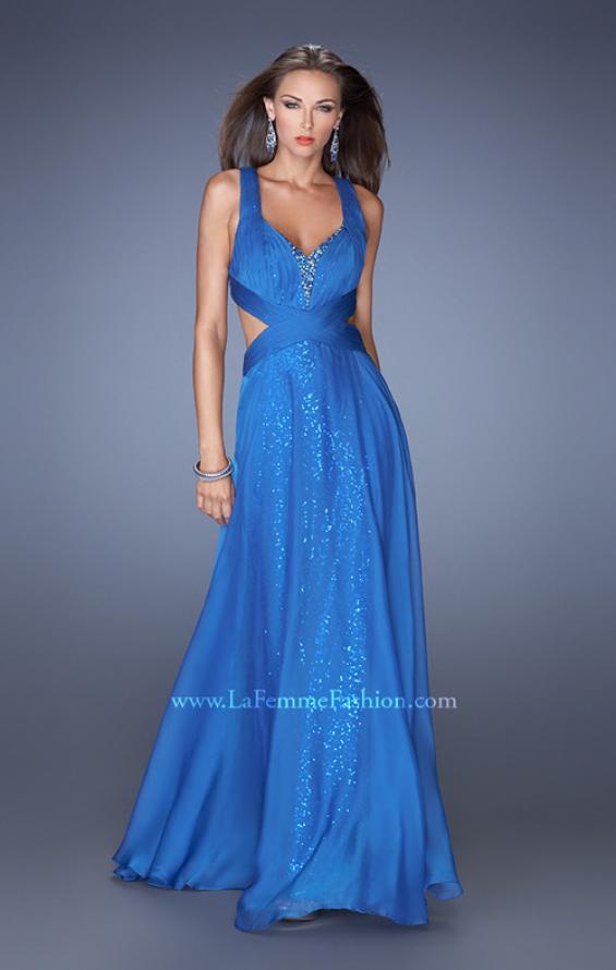 Picture of: Long A-line Chiffon Prom Dress with Sequin Underlay in Blue, Style: 19584, Detail Picture 1