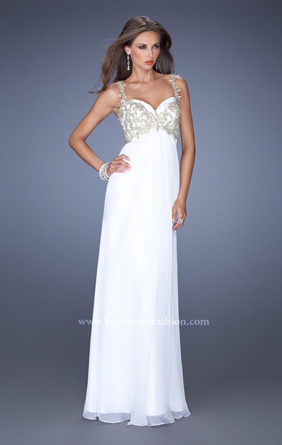 Picture of: Long Chiffon Prom Gown with Beaded Lace Details in White, Style: 19585, Detail Picture 2