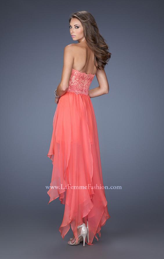 Picture of: Strapless High Low Prom Dress with Lace Overlay Bodice in Orange, Style: 19607, Back Picture