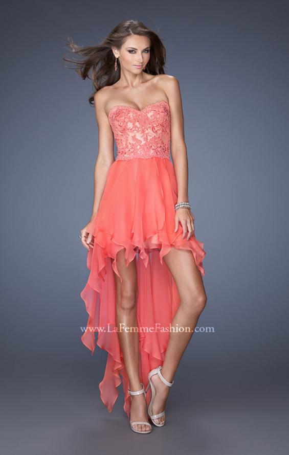 Picture of: Strapless High Low Prom Dress with Lace Overlay Bodice in Orange, Style: 19607, Detail Picture 1