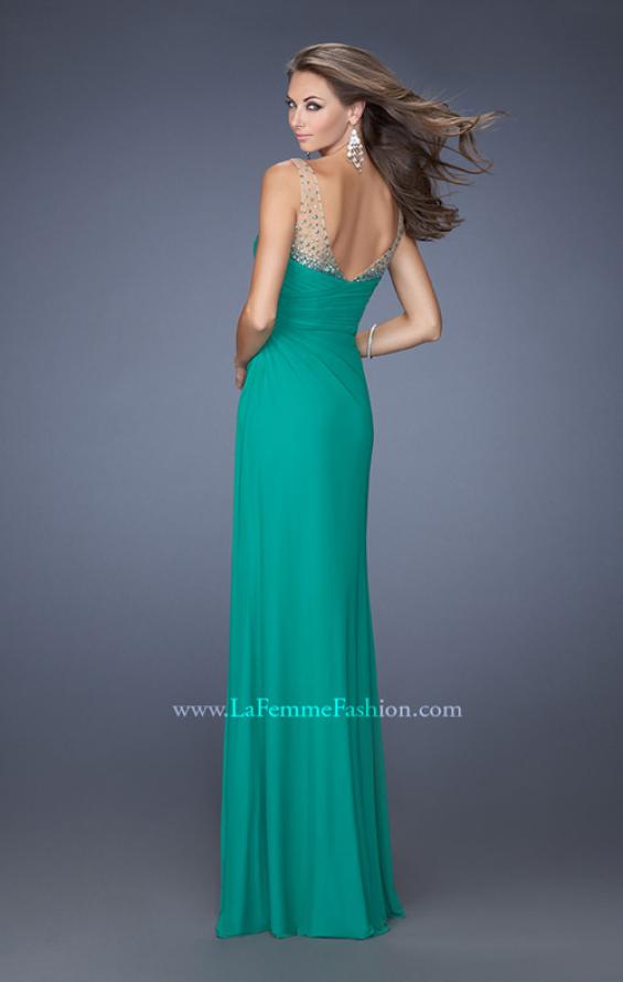Picture of: Long Prom Dress with Ruching and Bedazzled Illusion Straps in Green, Style: 19660, Back Picture