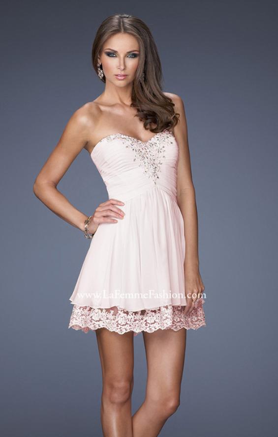Picture of: Short Chiffon Prom Dress with Bedazzled Lace Underlay in Pink, Style: 19687, Detail Picture 1
