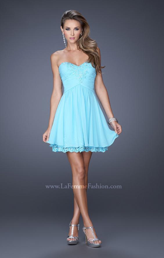 Picture of: Short Chiffon Prom Dress with Bedazzled Lace Underlay in Blue, Style: 19687, Detail Picture 2