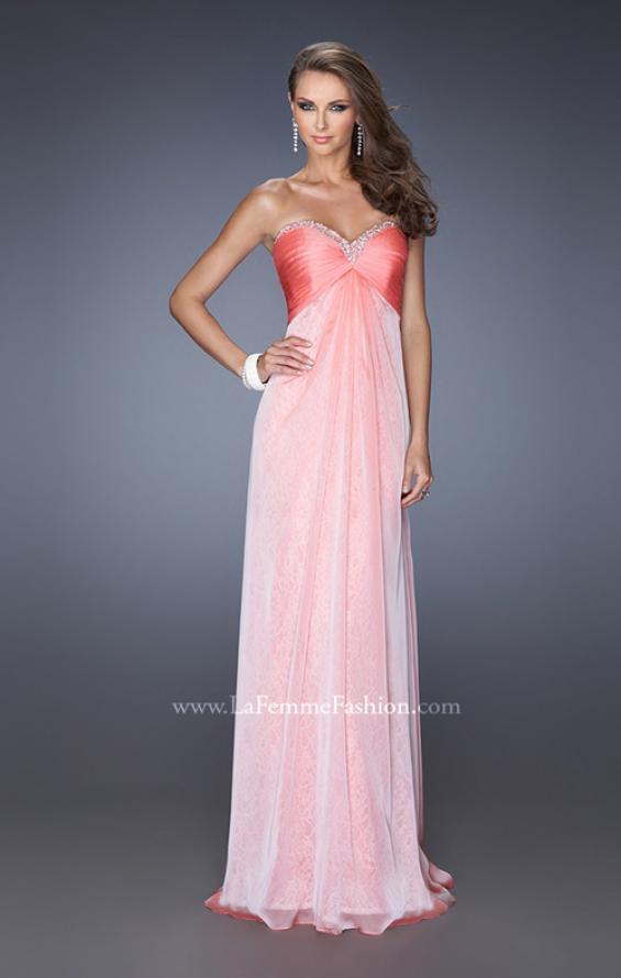 Picture of: Long Strapless Chiffon Prom Dress with Lace Underlay in Orange, Style: 19719, Detail Picture 1