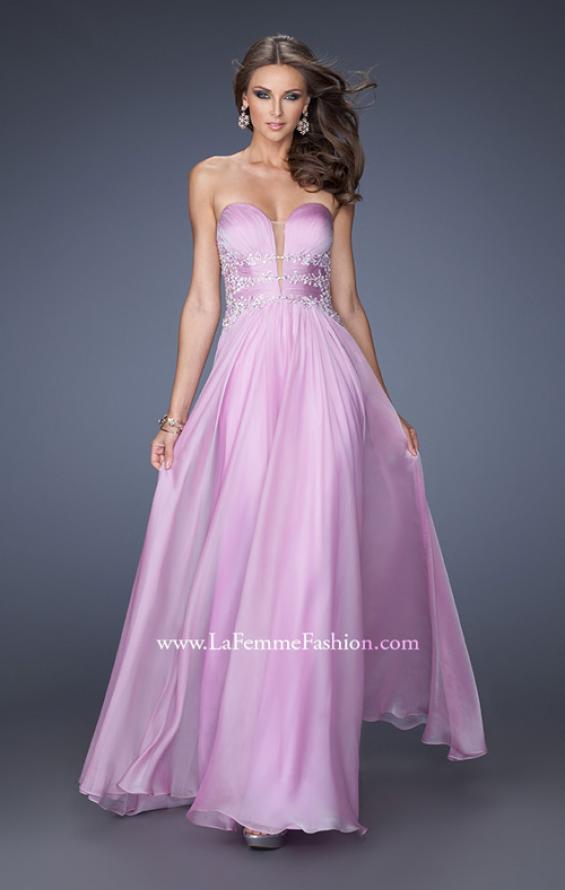 Picture of: Long Chiffon Prom Dress with Ruched Bodice and Jeweled Lace in Purple, Style: 19724, Main Picture