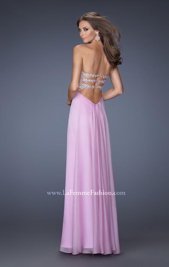 Picture of: Long Chiffon Prom Dress with Ruched Bodice and Jeweled Lace in Purple, Style: 19724, Back Picture
