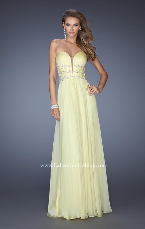 Picture of: Long Chiffon Prom Dress with Ruched Bodice and Jeweled Lace in Yellow, Style: 19724, Detail Picture 1