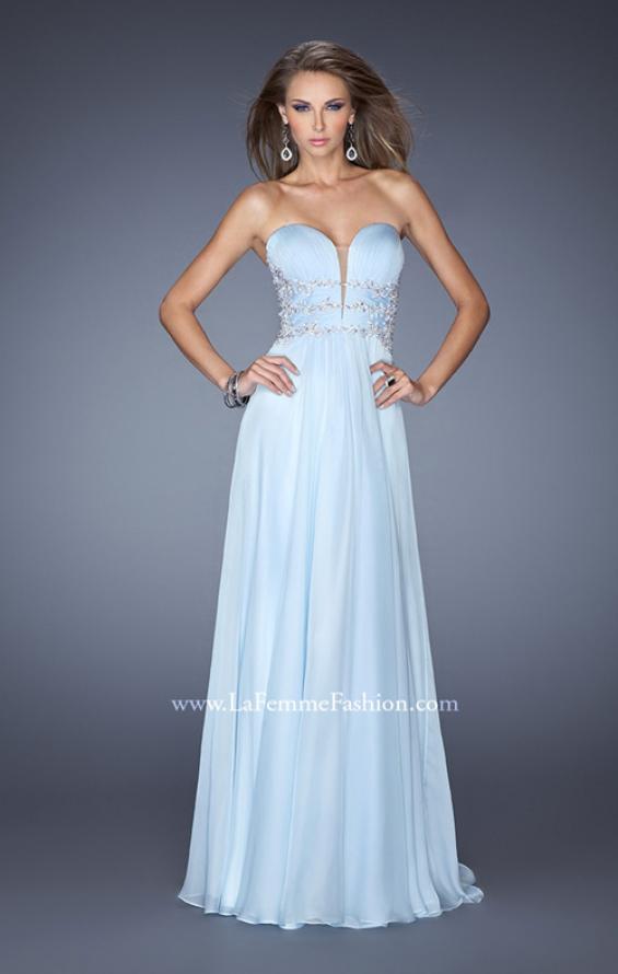 Picture of: Long Chiffon Prom Dress with Ruched Bodice and Jeweled Lace in Blue, Style: 19724, Detail Picture 2