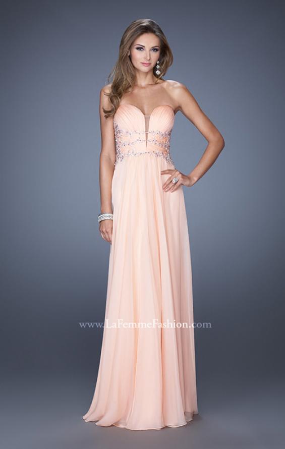 Picture of: Long Chiffon Prom Dress with Ruched Bodice and Jeweled Lace in Orange, Style: 19724, Detail Picture 3