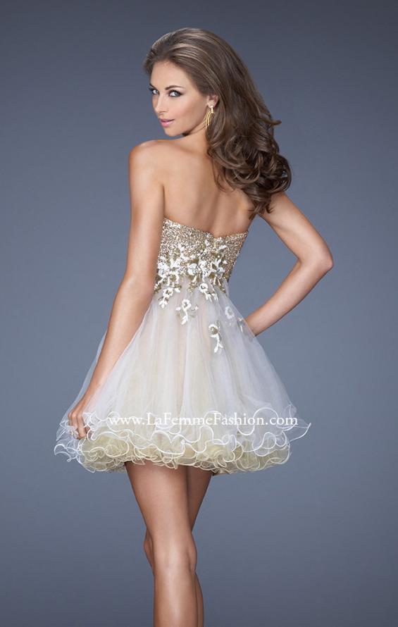 Picture of: Short Strapless Prom Dress with Sequin Bodice and Tulle Skirt in Nude, Style: 19748, Back Picture