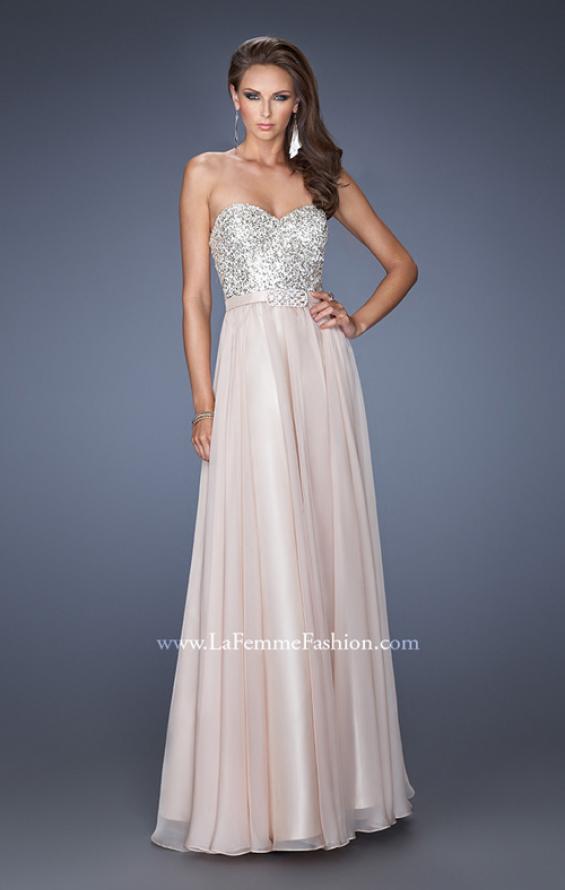 Picture of: Long Chiffon Prom Gown with Bedazzled Belt in Nude, Style: 19821, Detail Picture 1