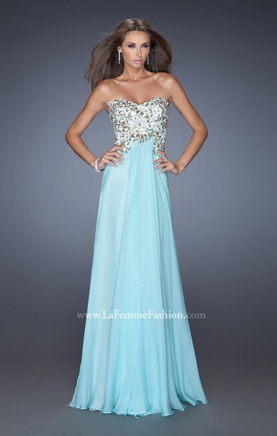 Picture of: Long Prom Dress with White and Gold Floral Detail in Blue, Style: 19836, Detail Picture 1