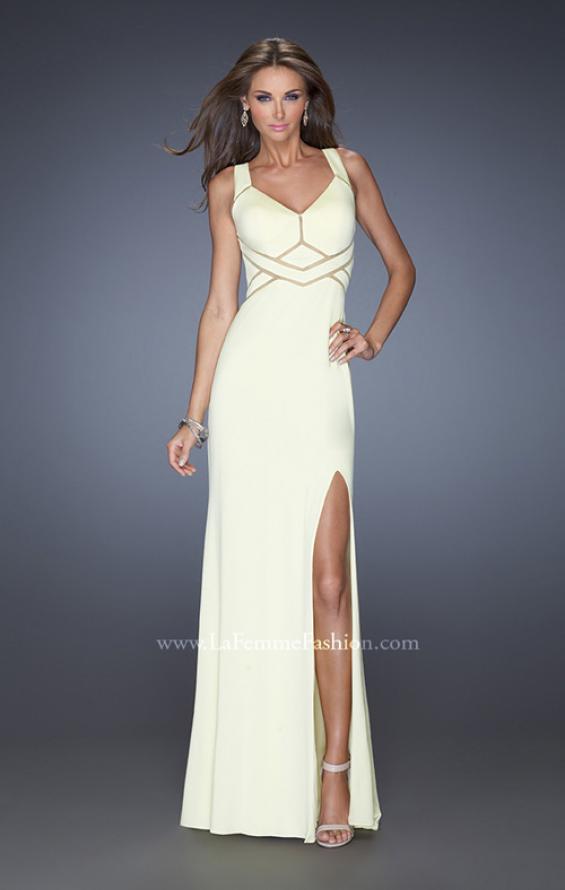 Picture of: Long Jersey Prom Gown with Mesh and a Side Leg Slit in White, Style: 19851, Detail Picture 4