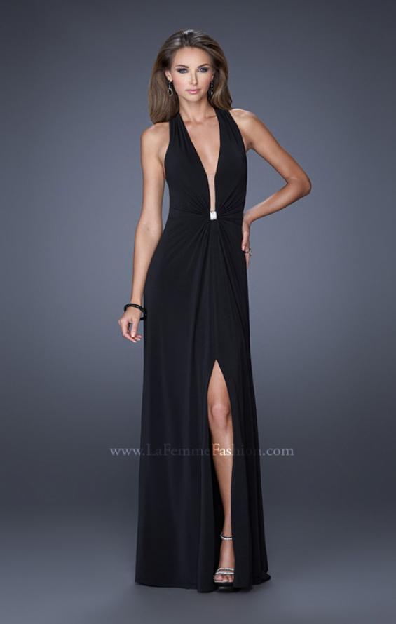 Picture of: Halter Jersey Prom Dress with Plunging Neckline and Slit in Black, Style: 19899, Detail Picture 1