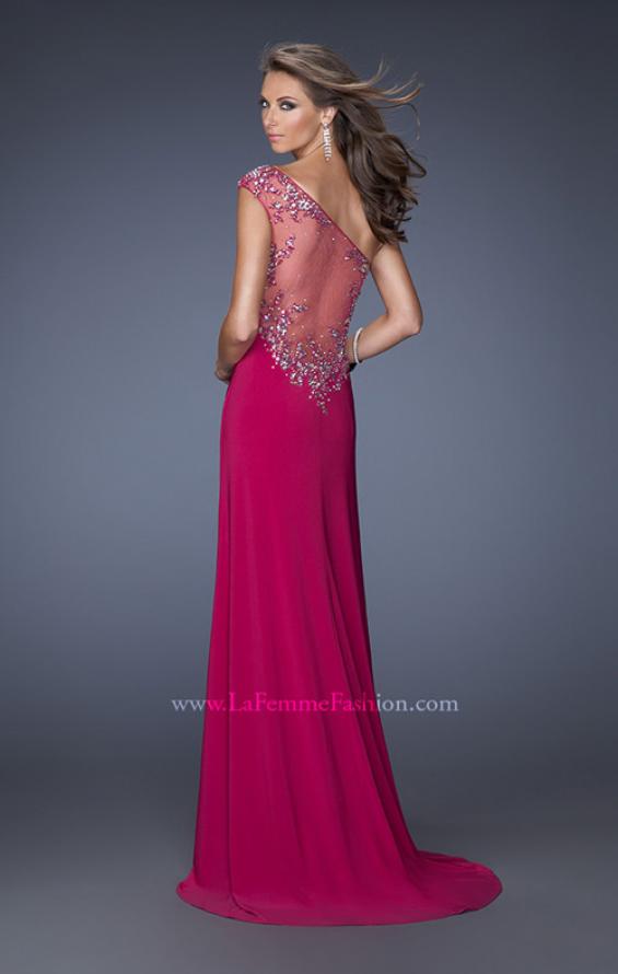 Picture of: One Shoulder Jersey Prom Dress with Side Leg Slit in Pink, Style: 19945, Back Picture