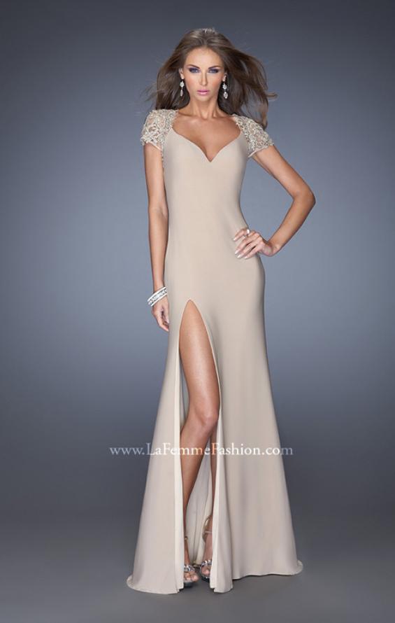 Picture of: Fitted Jersey Prom Dress with Side Leg Slit and V Neck in Nude, Style: 20011, Detail Picture 1