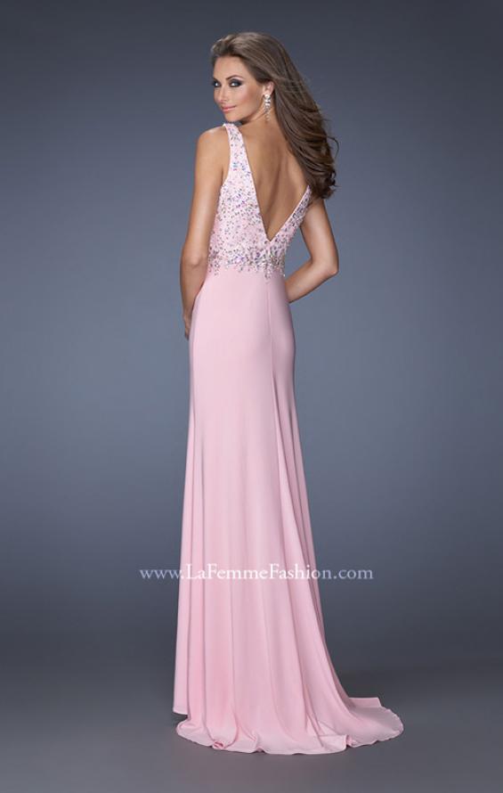 Picture of: V Neck Front and Back Long Prom Dress with Jewels in Pink, Style: 20020, Back Picture