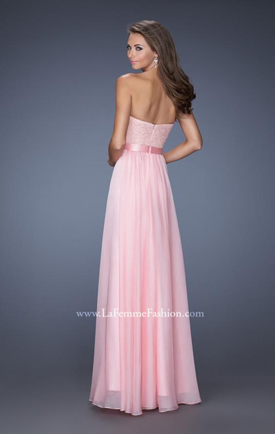 Picture of: Long Strapless Dress with Jeweled Lace and Bow Belt in Pink, Style: 20046, Back Picture