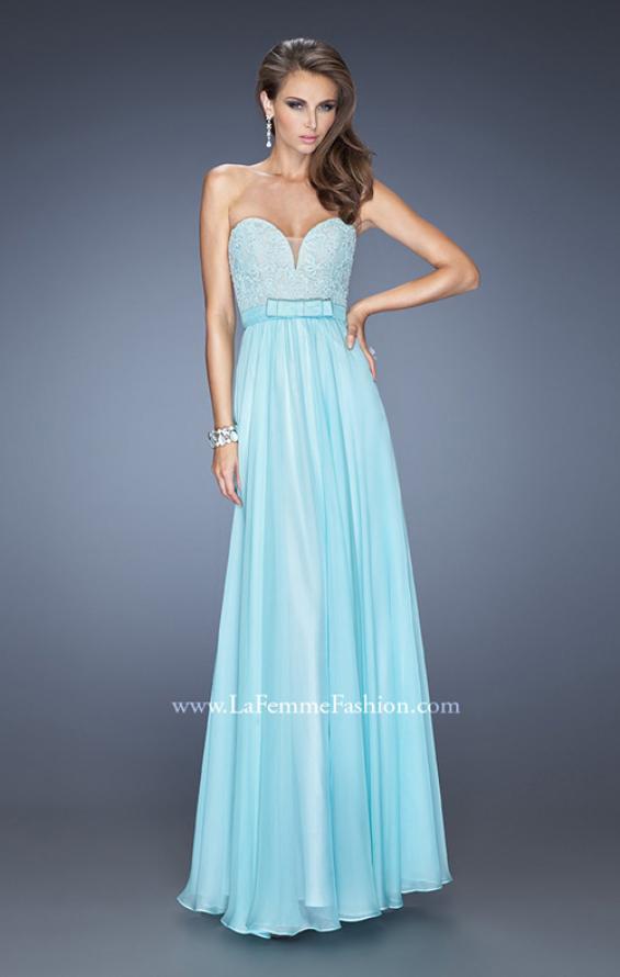 Picture of: Long Strapless Dress with Jeweled Lace and Bow Belt in Blue, Style: 20046, Detail Picture 2